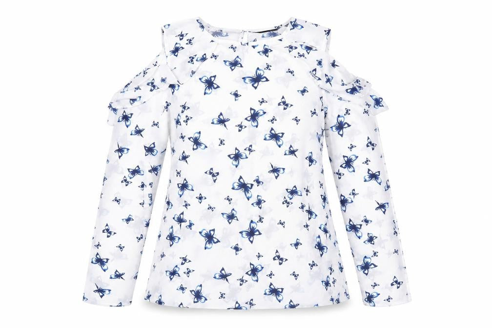 Dorothy Perkins Womens White Butterfly Blouse UK 12 Cold Shoulder Ruffle
