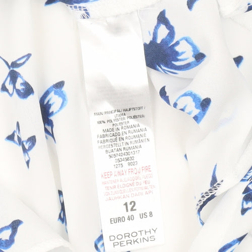 Dorothy Perkins Womens White Butterfly Blouse UK 12 Cold Shoulder Ruffle