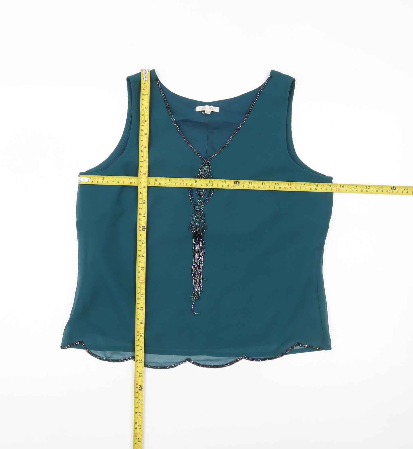 Lakeland Women’s Green Beaded Sleeveless Chiffon Blouse Size 14