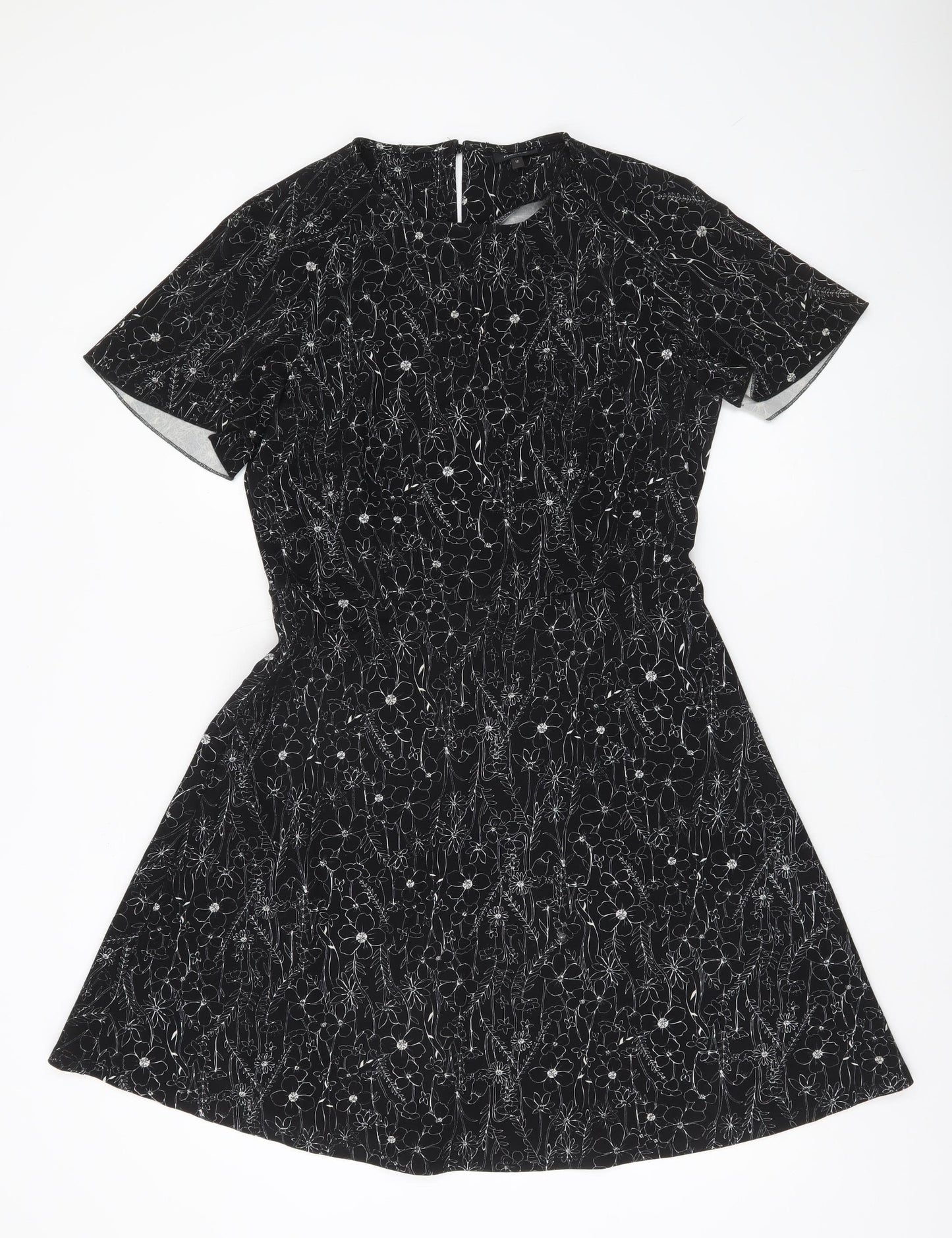 Next Women’s Black Floral A-Line Dress Size 12 Short Sleeve