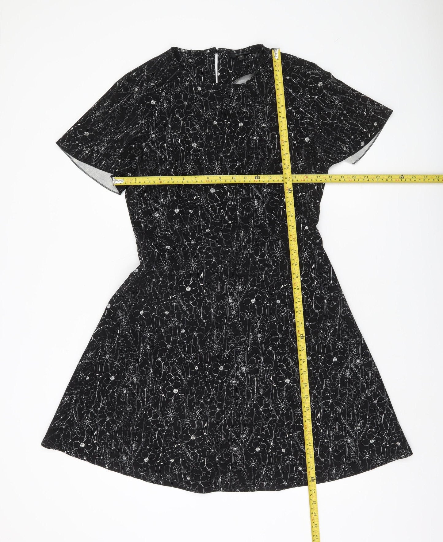Next Women’s Black Floral A-Line Dress Size 12 Short Sleeve