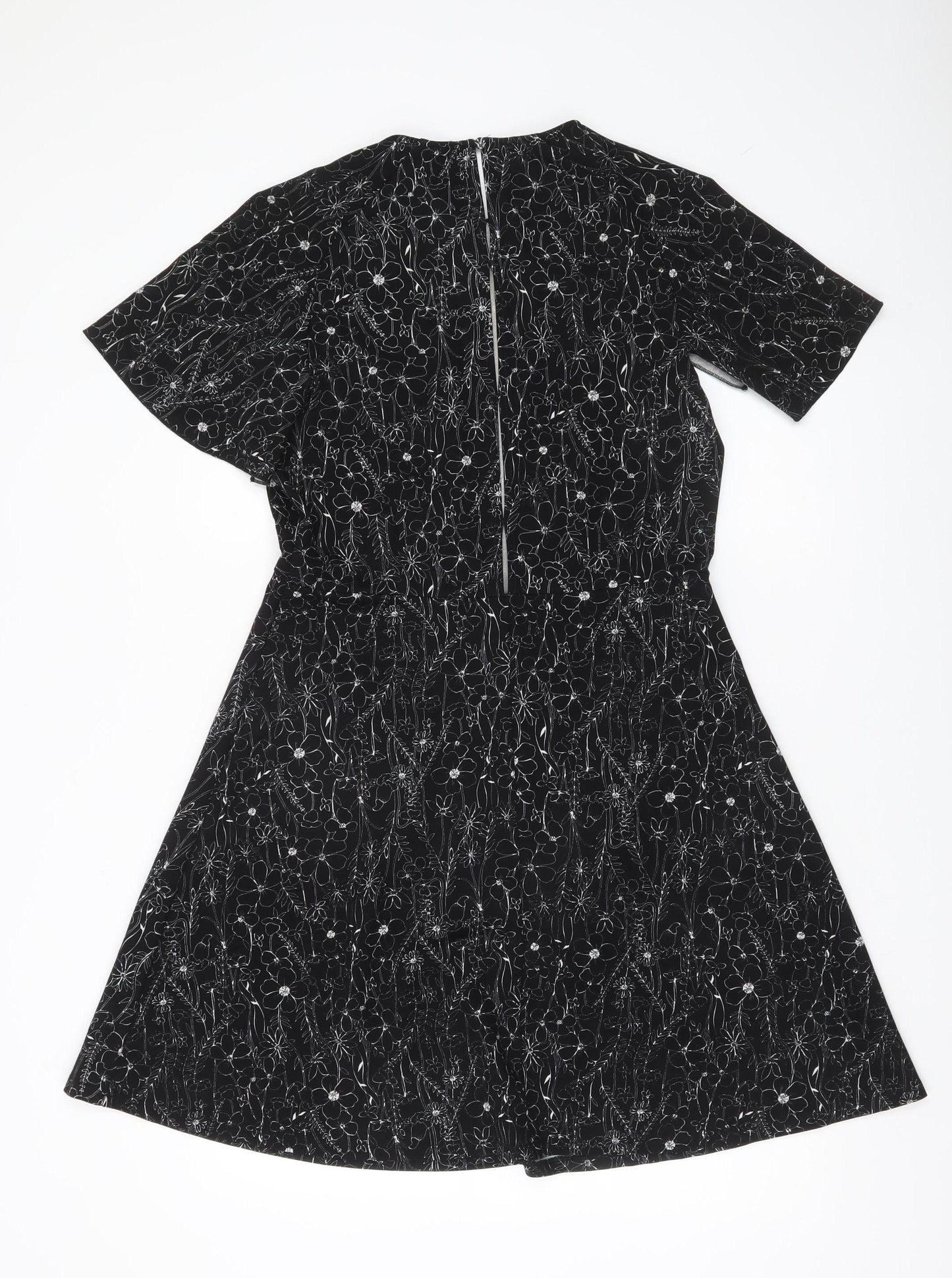 Next Women’s Black Floral A-Line Dress Size 12 Short Sleeve