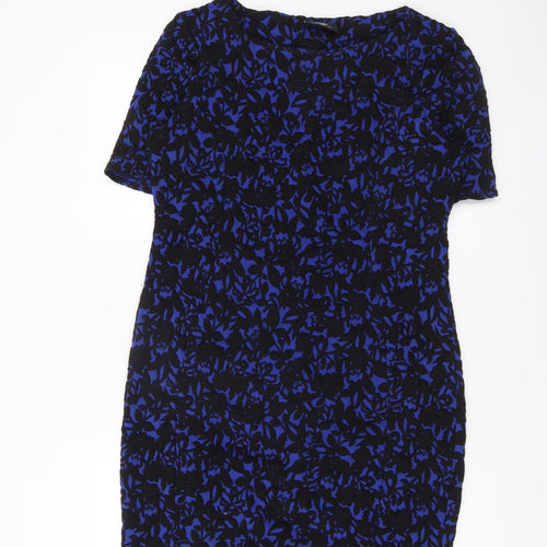 Wallis Womens Blue Black Floral Bodycon Dress UK 14 Short Sleeve Work Party