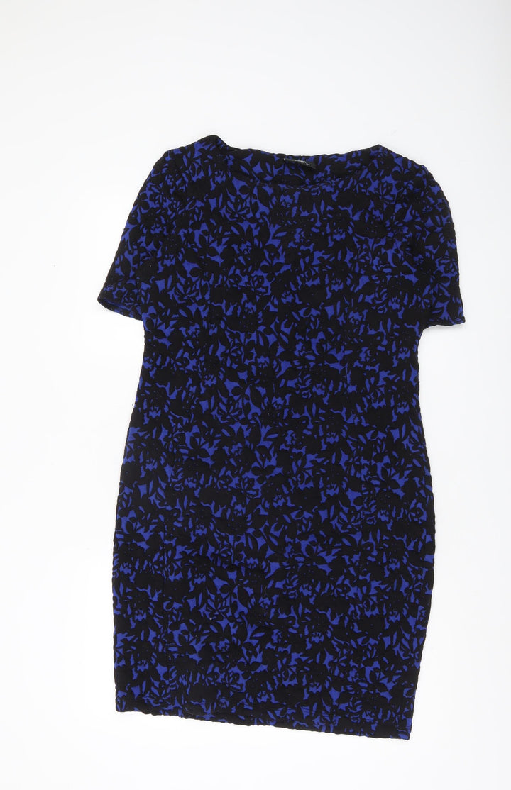 Wallis Womens Blue Black Floral Bodycon Dress UK 14 Short Sleeve Work Party