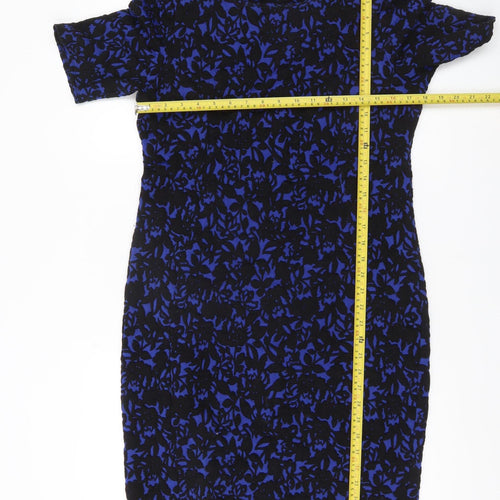 Wallis Womens Blue Black Floral Bodycon Dress UK 14 Short Sleeve Work Party