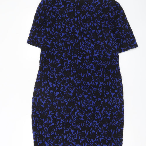Wallis Womens Blue Black Floral Bodycon Dress UK 14 Short Sleeve Work Party