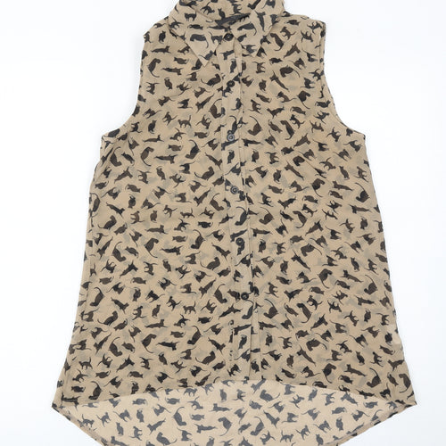 AX Paris Womens Beige Cat Print Sleeveless Button-Up Blouse Size 8