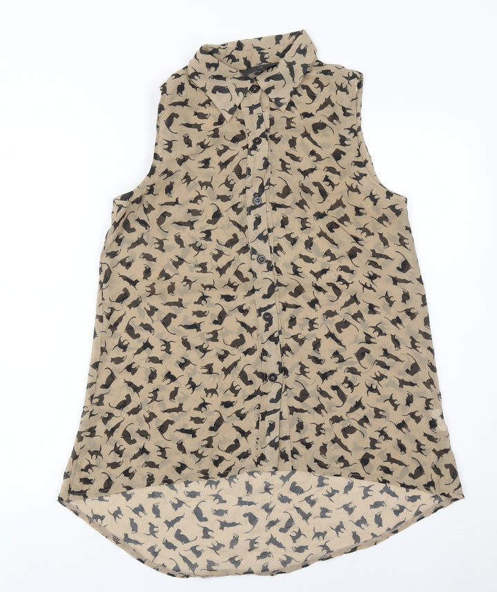 AX Paris Womens Beige Cat Print Sleeveless Button-Up Blouse Size 8