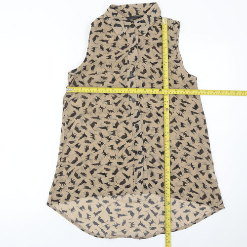 AX Paris Womens Beige Cat Print Sleeveless Button-Up Blouse Size 8