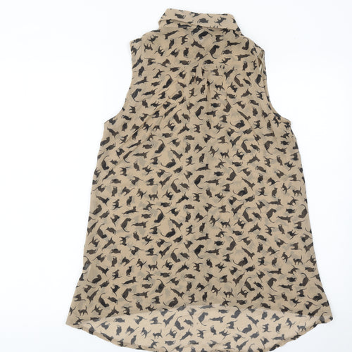 AX Paris Womens Beige Cat Print Sleeveless Button-Up Blouse Size 8