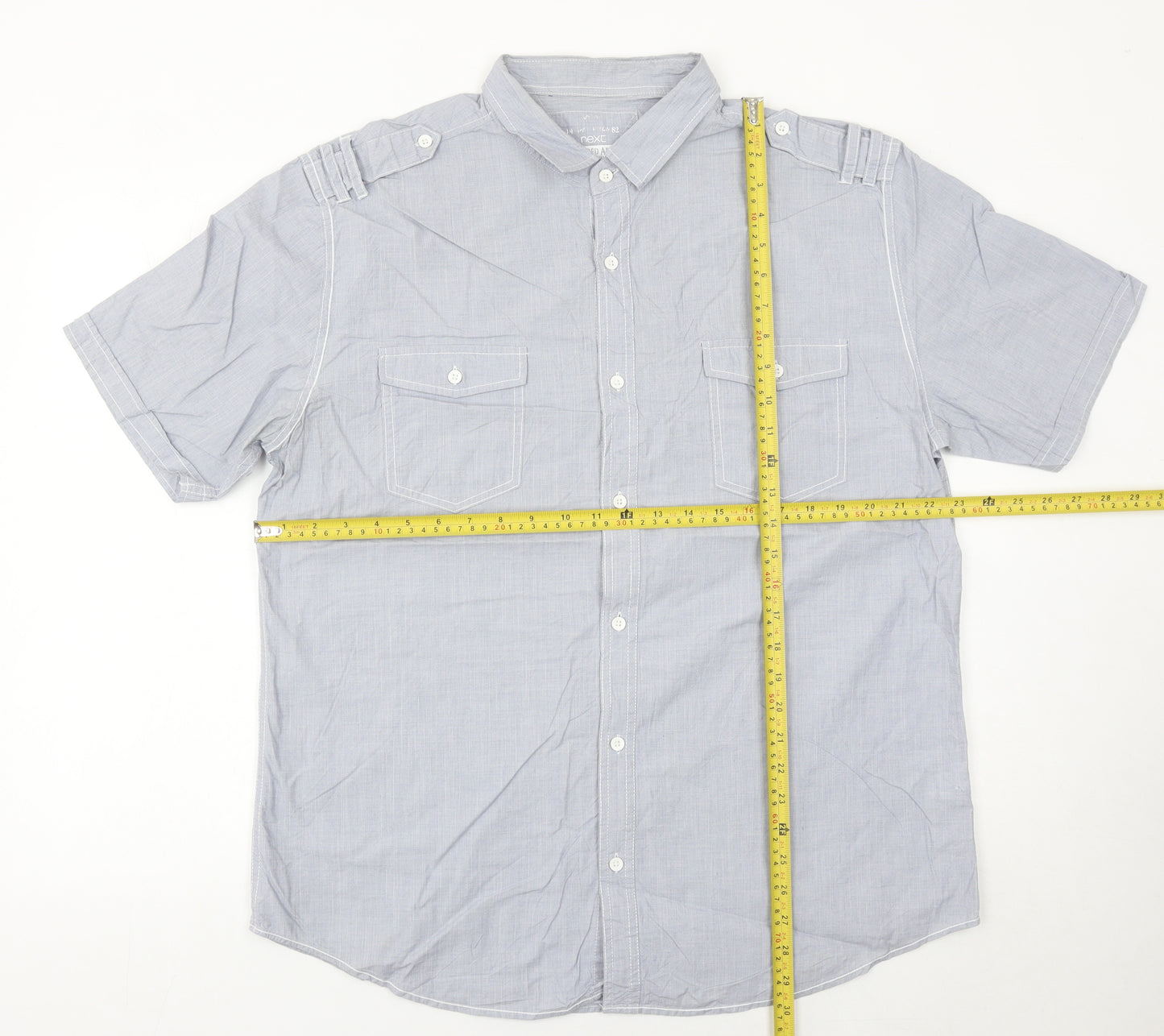 Next Men’s Grey Cotton Short Sleeve Button-Up Shirt XL