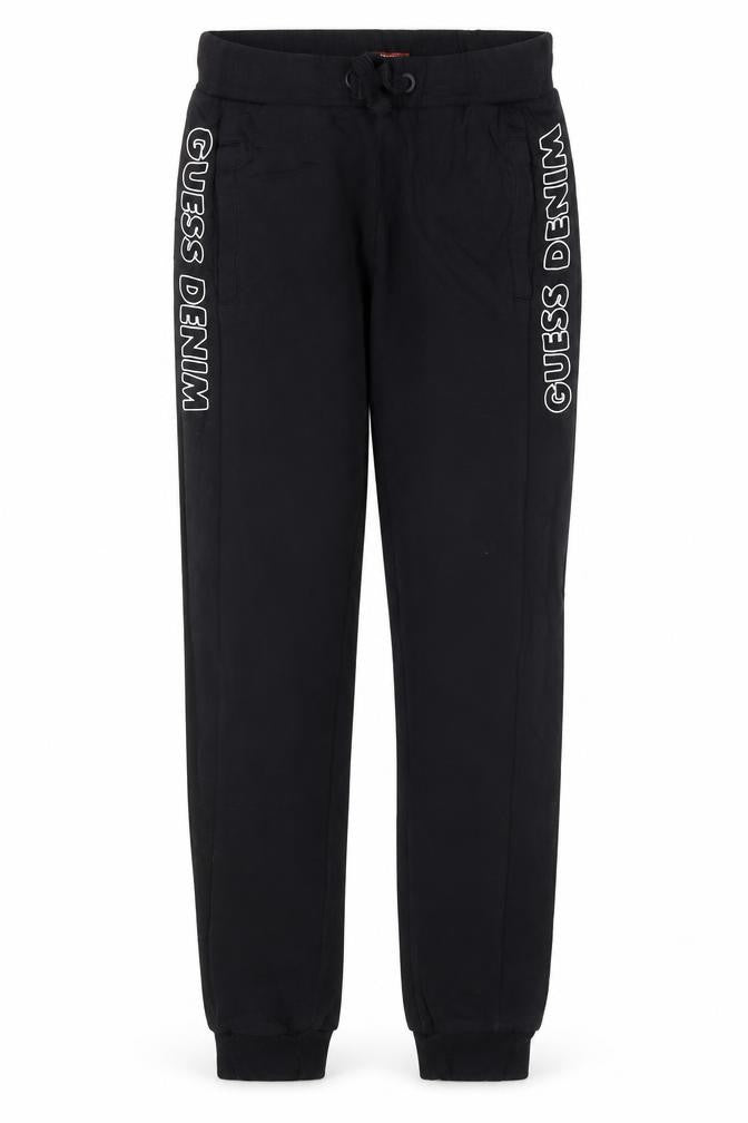 Front view of Guess boys’ black jogger trousers age 12 years logo side stripe