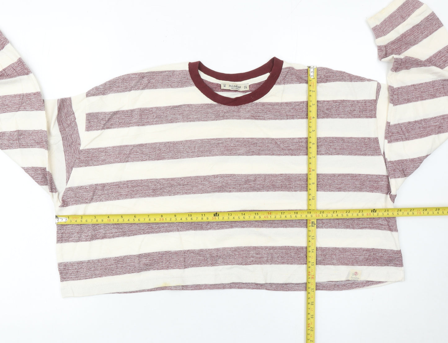 Pull&Bear Womens Striped Pullover Jumper Size 12 White Burgundy Cotton Blend