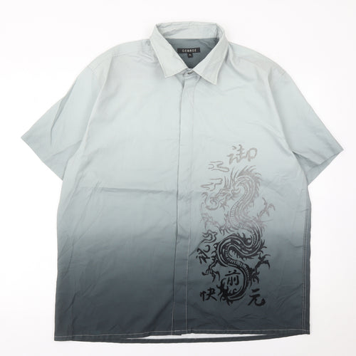 George Mens Grey XL Dragon Print Short Sleeve Button-Up Shirt