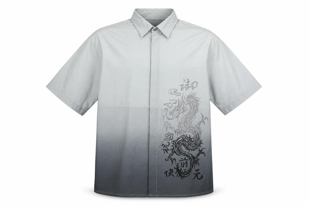 George Mens Grey XL Dragon Print Short Sleeve Button-Up Shirt