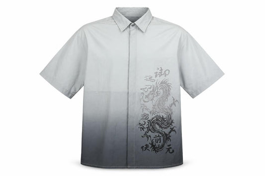 Front view of George men’s grey xl dragon print short sleeve button-up shirt