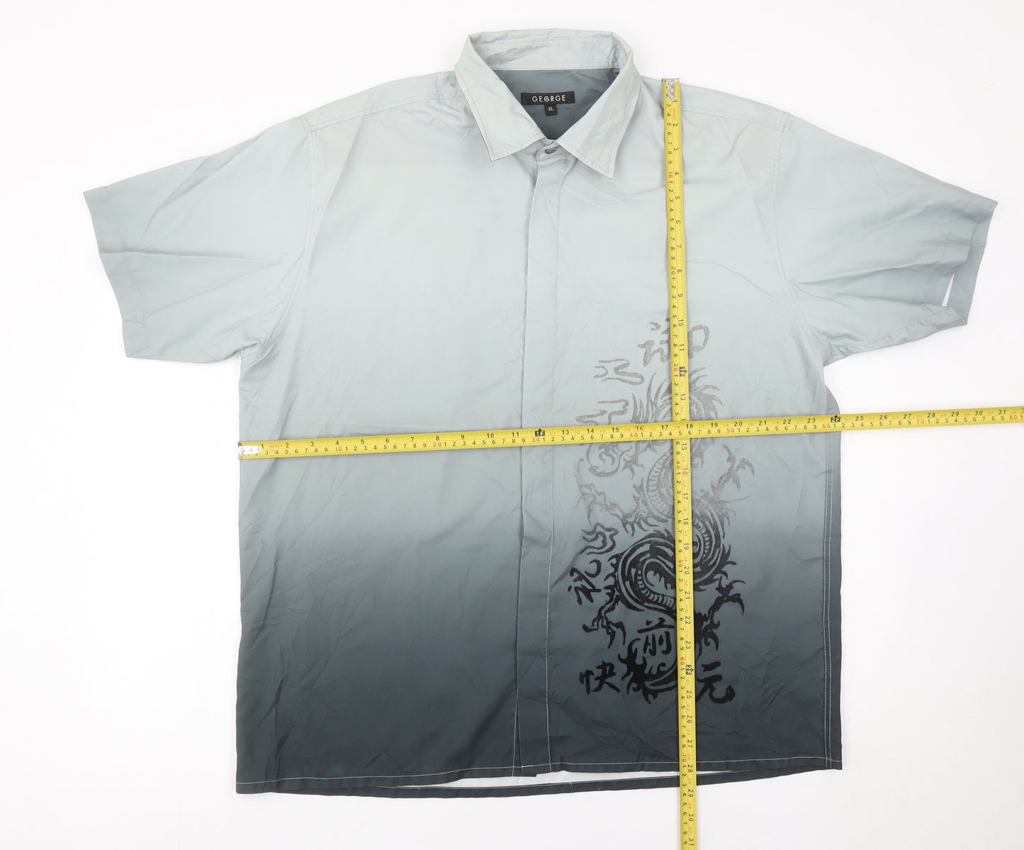 George Mens Grey XL Dragon Print Short Sleeve Button-Up Shirt