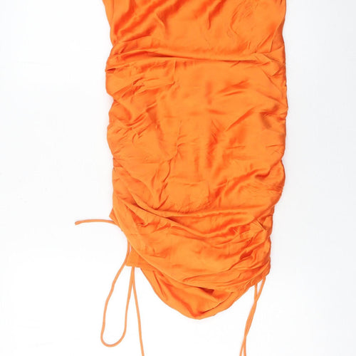 Zara Women’s Orange XS Mini Slip Dress Ruched Satin Cocktail