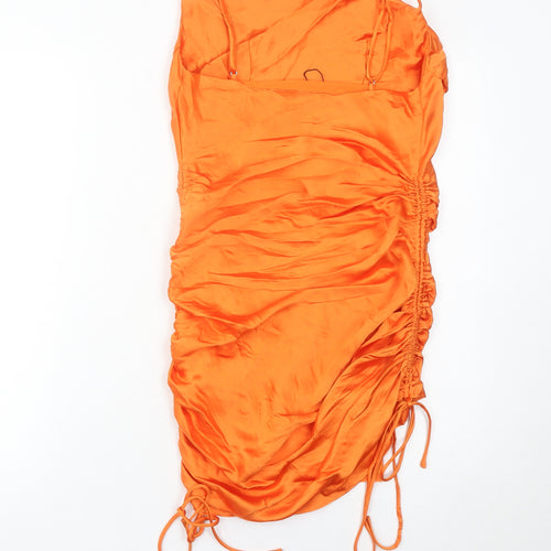 Zara Women’s Orange XS Mini Slip Dress Ruched Satin Cocktail