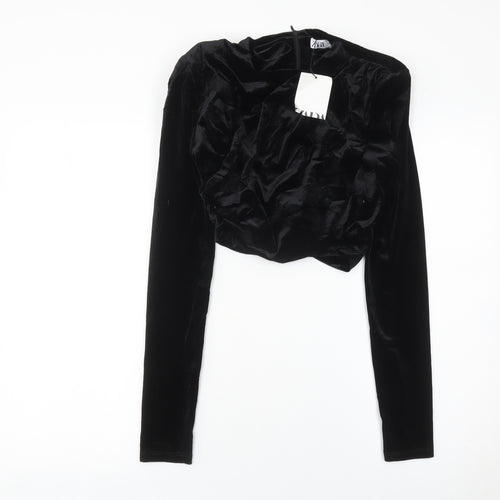 Zara Women Black Velvet Cropped Blouse S Long Sleeve V-Neck Party