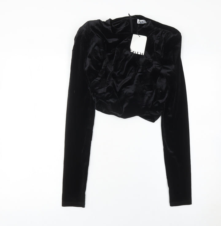 Zara Women Black Velvet Cropped Blouse S Long Sleeve V-Neck Party