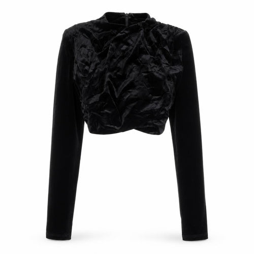 Zara Women Black Velvet Cropped Blouse S Long Sleeve V-Neck Party