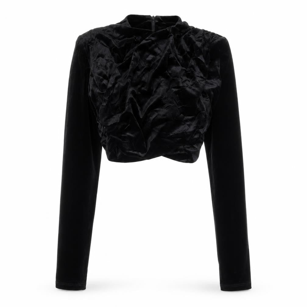 Zara Women Black Velvet Cropped Blouse S Long Sleeve V-Neck Party