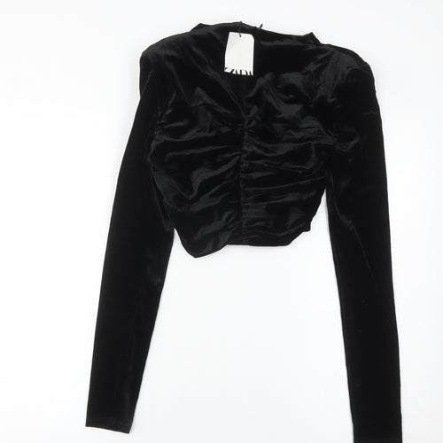 Zara Women Black Velvet Cropped Blouse S Long Sleeve V-Neck Party