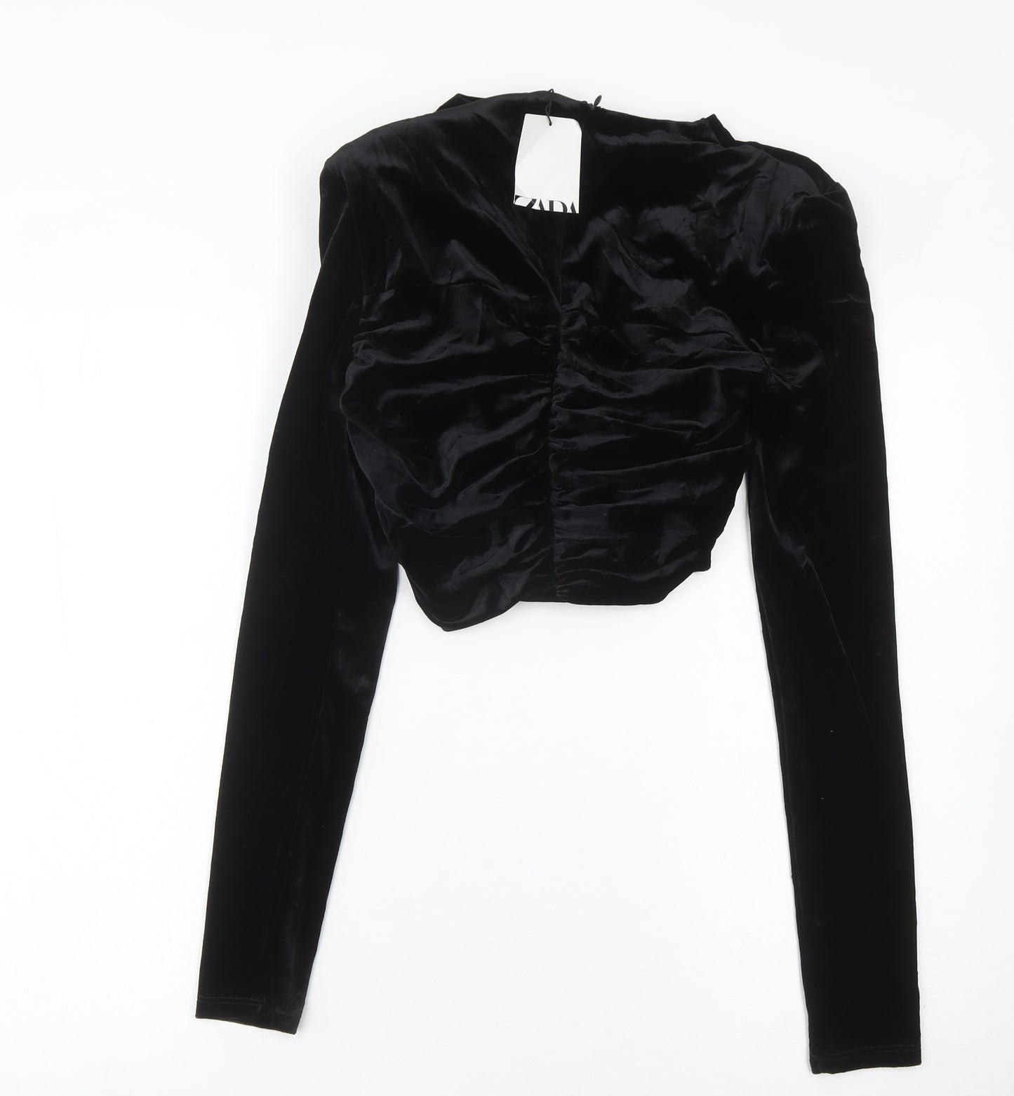 Zara Women Black Velvet Cropped Blouse S Long Sleeve V-Neck Party