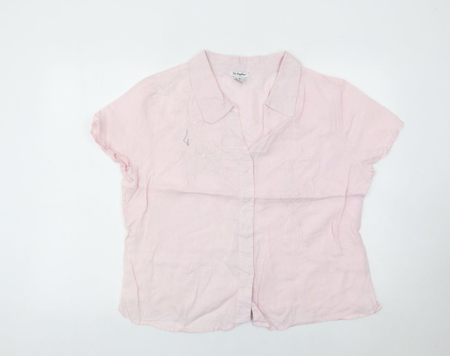 St. Angelino Womens Pink Linen Blouse Size 18 Plus Short Sleeve