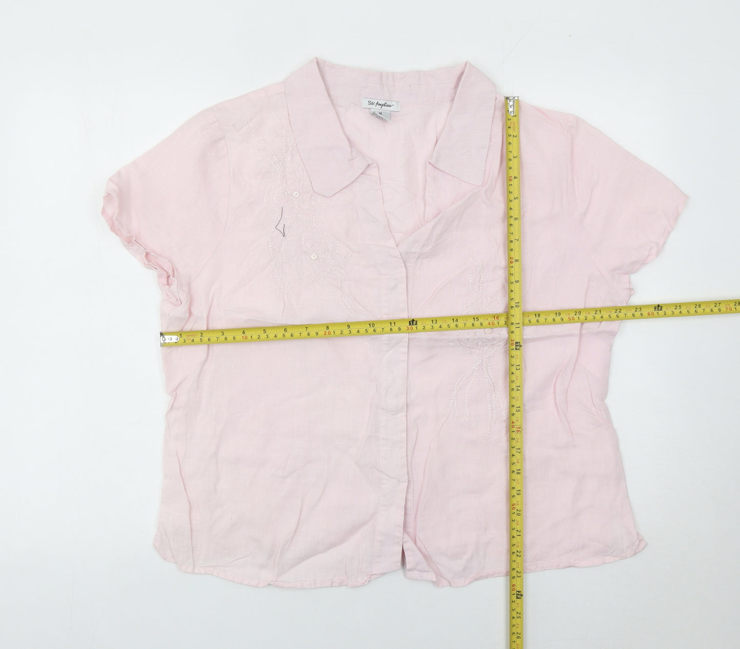 St. Angelino Womens Pink Linen Blouse Size 18 Plus Short Sleeve