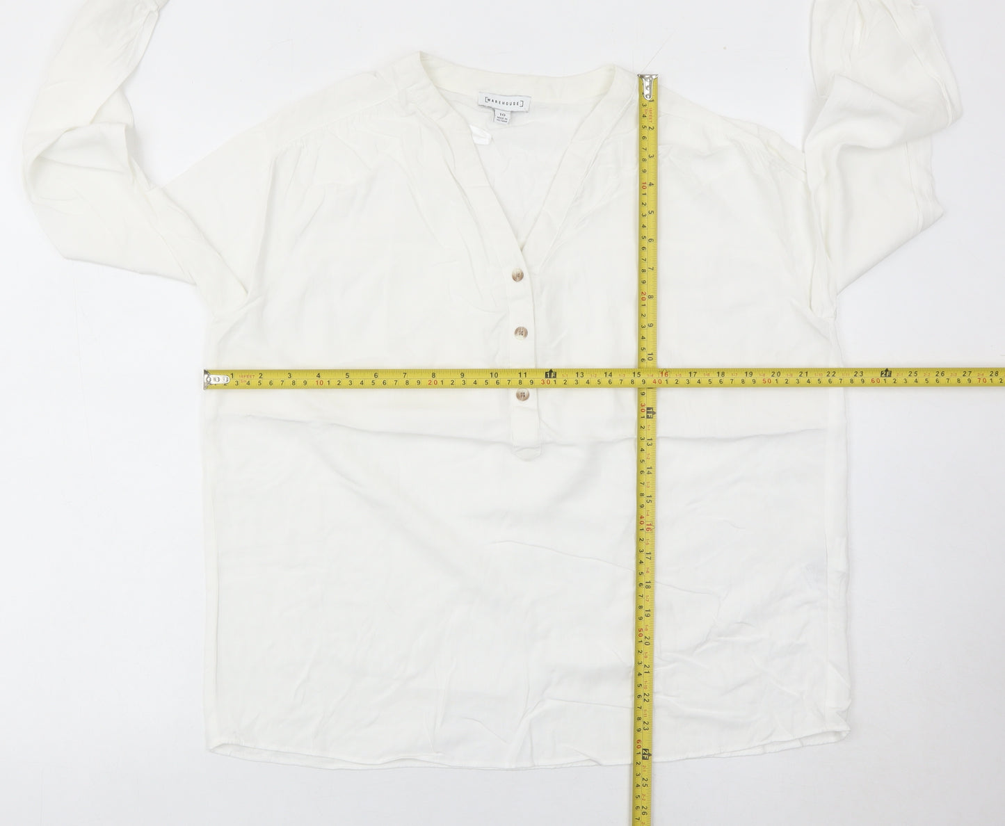 Warehouse Womens White Viscose Blouse Size 10 Long Sleeve Tunic Style