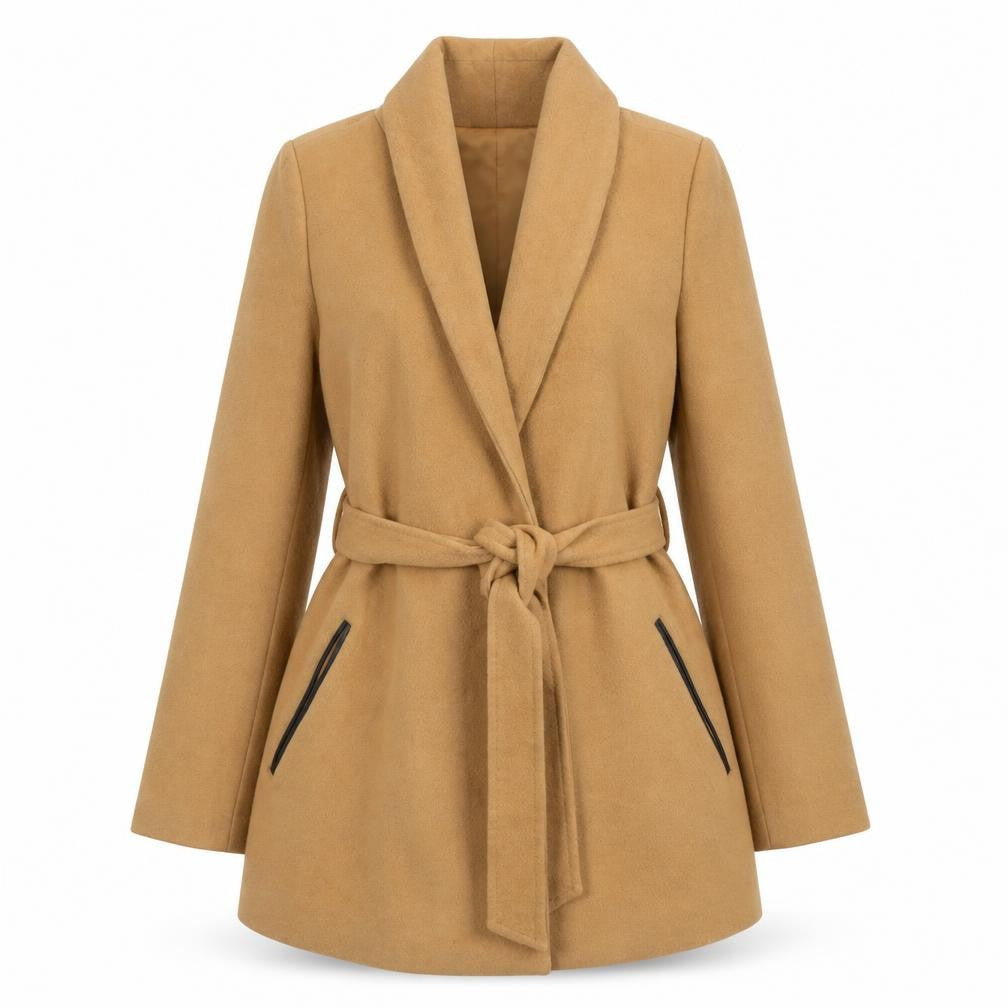 Tart Collections Women Beige Wool Blend Belted Mid-Length Overcoat S