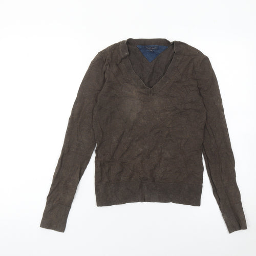 Tommy Hilfiger Women Brown XS V-Neck Pullover Jumper Cotton Cashmere