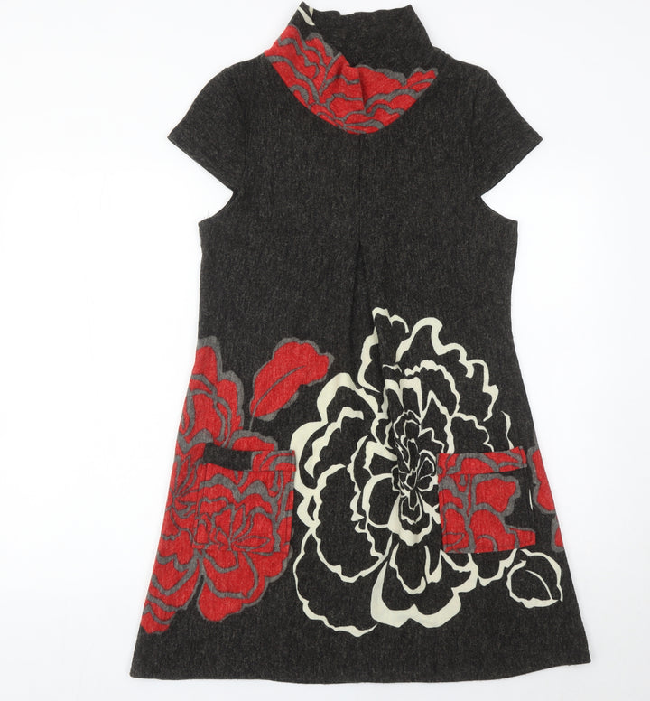 Purple Women’s Black Red Floral Knit Shift Dress Roll Neck Size M