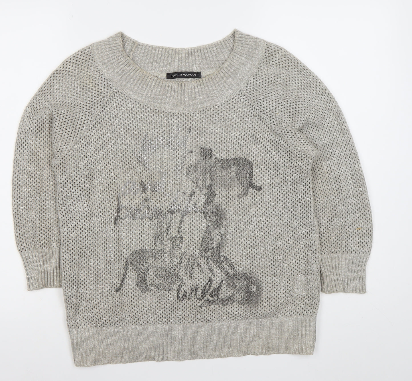 Faber Woman Grey Animal Print Open Knit Jumper Womens Size 10