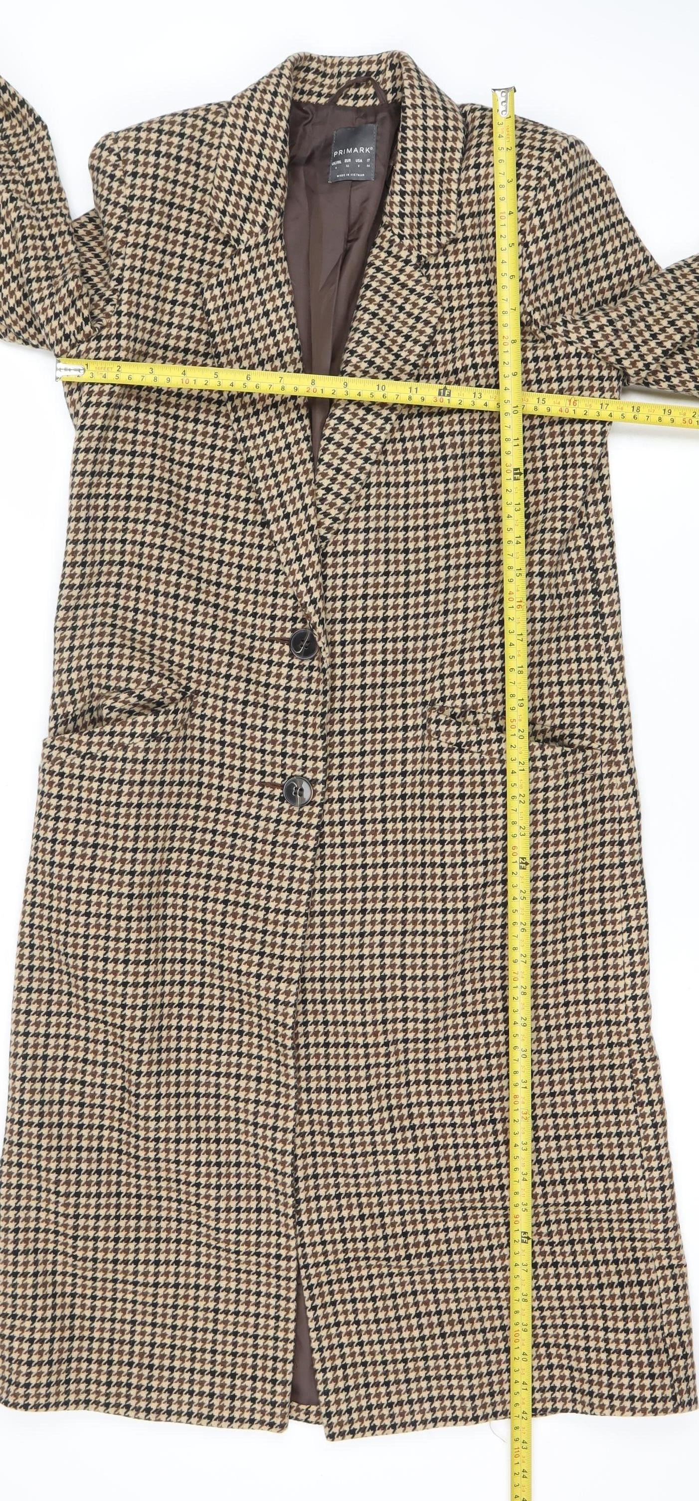 Primark Women’s Beige Houndstooth Wool Blend Long Coat Size 4