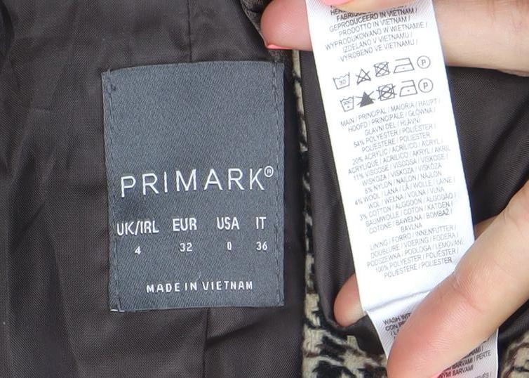 Primark Women’s Beige Houndstooth Wool Blend Long Coat Size 4