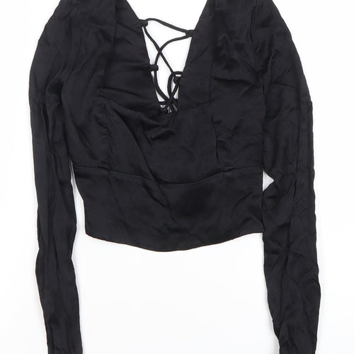Zara Women Black Cropped Lace-Up Blouse Size 12 Slim Fit