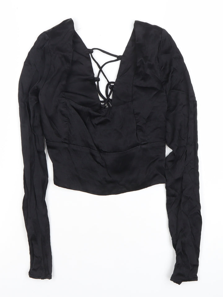 Zara Women Black Cropped Lace-Up Blouse Size 12 Slim Fit