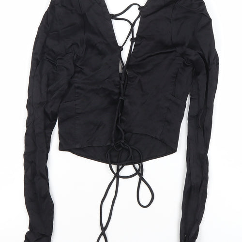 Zara Women Black Cropped Lace-Up Blouse Size 12 Slim Fit