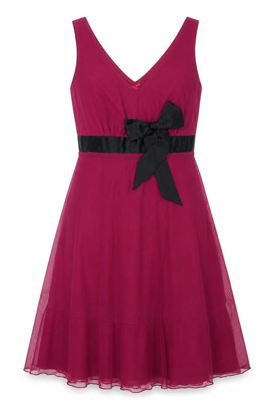 Front view of Next Women’s Pink A-Line Party Dress, size UK 12, Sleeveless Bow Detail