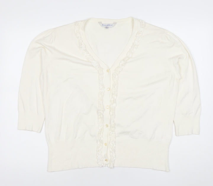 Penny Plain Women Ivory XL Ruffle Button V-Neck Knit Cardigan