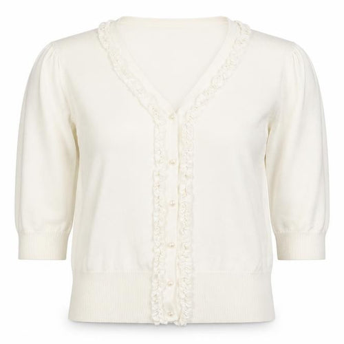 Penny Plain Women Ivory XL Ruffle Button V-Neck Knit Cardigan
