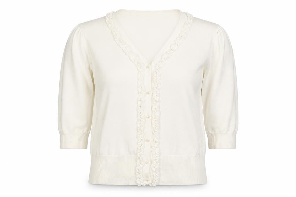 Penny Plain Women Ivory XL Ruffle Button V-Neck Knit Cardigan