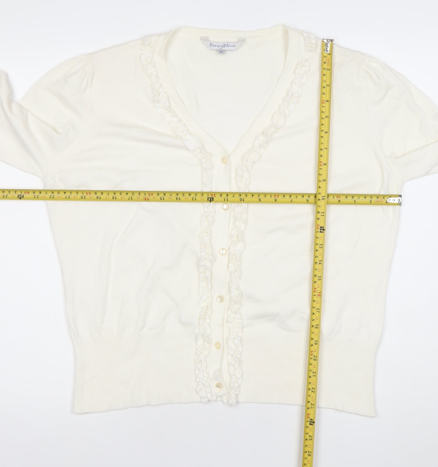 Penny Plain Women Ivory XL Ruffle Button V-Neck Knit Cardigan