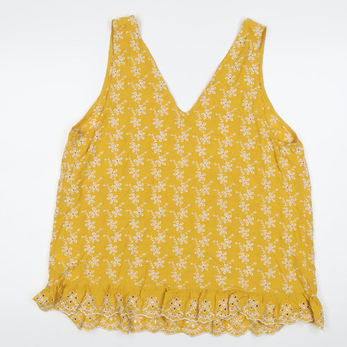 Papaya Women’s Yellow Floral Embroidered V-Neck Tank Top Size 18