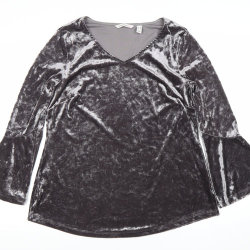 Isaac Mizrahi Live Womens Grey Velvet V-Neck Bell Sleeve Tunic Blouse M