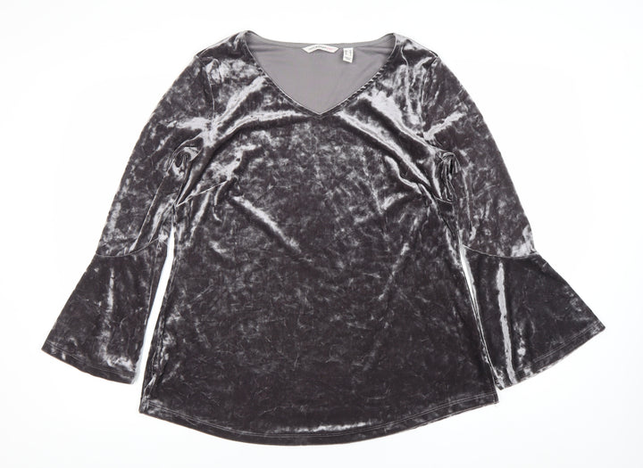 Isaac Mizrahi Live Womens Grey Velvet V-Neck Bell Sleeve Tunic Blouse M