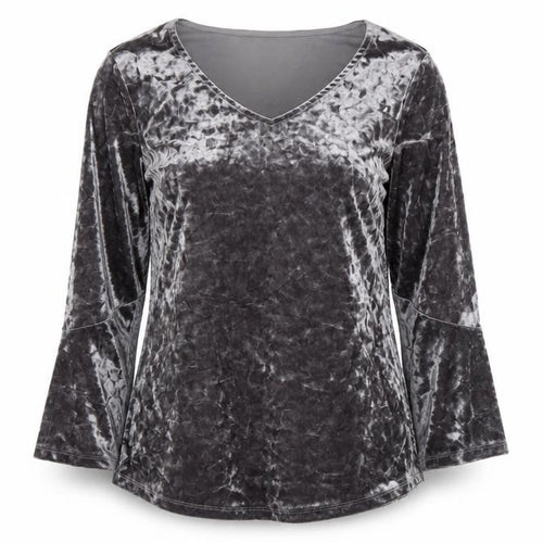 Isaac Mizrahi Live Womens Grey Velvet V-Neck Bell Sleeve Tunic Blouse M